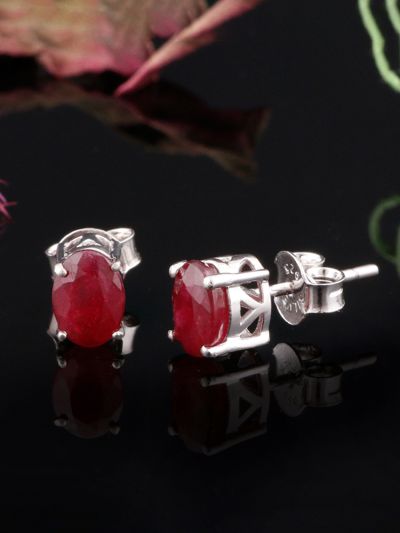 925 Sterling Silver White 7x5mm Natural Gemstone Oval Shape Studs Earrings
