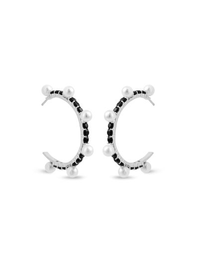 Silgo 925 Sterling Silver Black Cubic Zirconia & White Pearl Hoop Earrings For Women And Girls