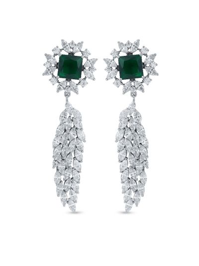 Silgo 925 Sterling Silver White & Green Cubic Zirconia Flower Dangle Earrings For Women And Girls