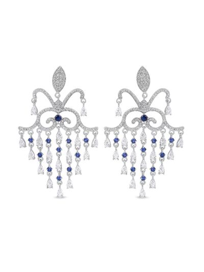 Silgo 925 Sterling Silver White & Blue Cubic Zirconia Chandelier Dangle Earrings For Women And Girls