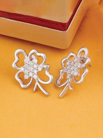 Silgo 925 Sterling Silver Cubic Zirconia Flower Design Rhodium Plated Stud Earring