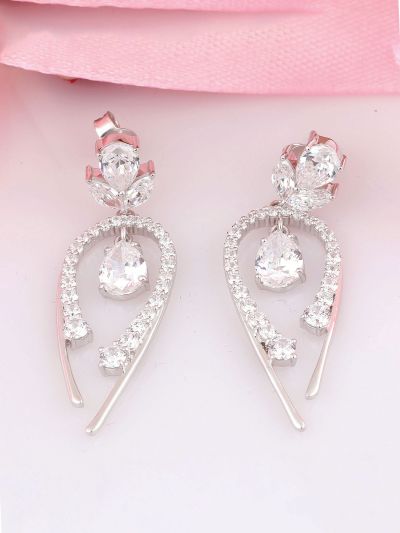 Silgo 925 Sterling Rhodium Plated Blue Cubic Zirconia Stone Dangle Earrings