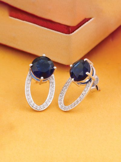 Silgo 925 Sterling Silver Blue Cubic Zirconia Rhodium Plated Women Stud Earrings