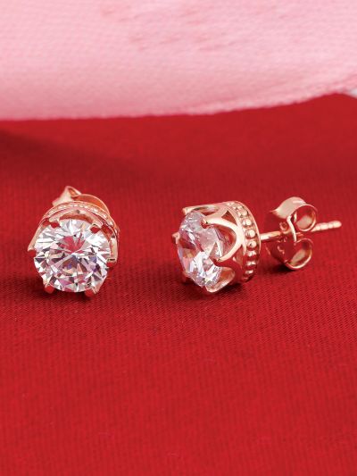 Silgo 925 Sterling Silver Round Cubic Zirconia Rose Gold Plated Stud For Women