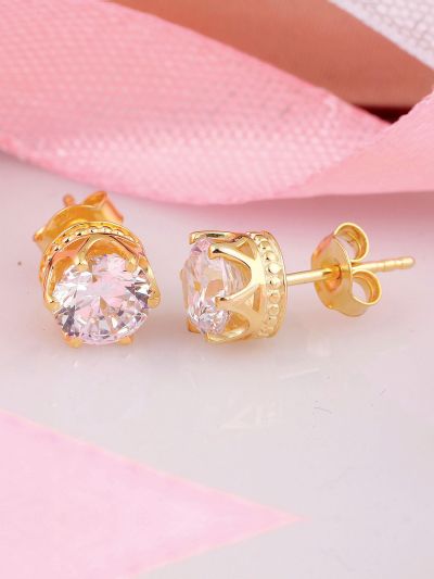 Silgo 925 Sterling Silver Round Cubic Zirconia Yellow Gold Plated Stud For Women