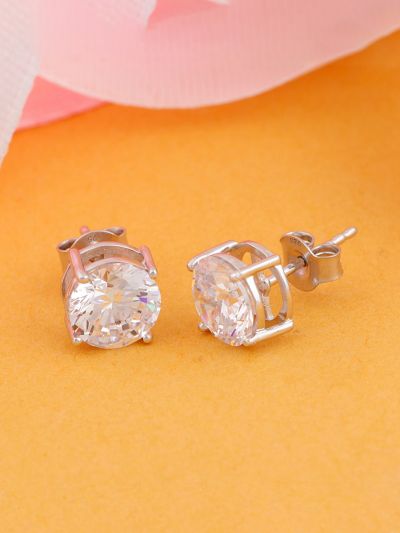 Silgo 925 Sterling Silver Rhodium Plated Cubic Zirconia Round Stud Earrings For Women