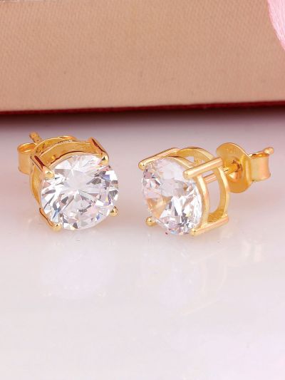 Silgo 925 Sterling Silver Yellow Gold Plated Cubic Zirconia Round Stud Earrings For Women