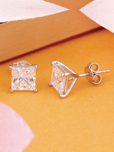 Silgo 925 Sterling Silver Rhodium Plated White Cubic Zirconia Women Stud Earrings
