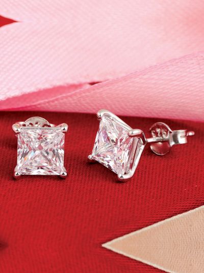 Silgo 925 Sterling Silver Rhodium Plated White Cubic Zirconia Women Stud Earrings