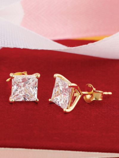 Silgo 925 Sterling Silver Yellow Gold Plated Cubic Zirconia Women Stud Earrings