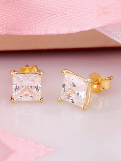 Silgo 925 Sterling Silver Yellow Gold Plated Cubic Zirconia Women Stud Earrings