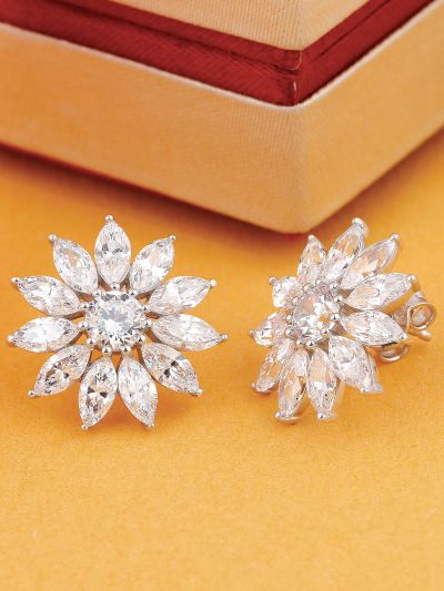 Silgo 925 Sterling Silver Cubic Zirconia Rhodium Plated Women Stud Earrings