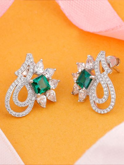 Silgo 925 Sterling Silver Green Cubic Zirconia Rhodium Plated Women Stud Earrings