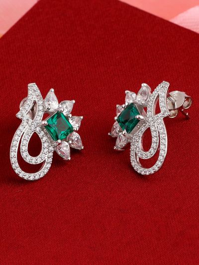 Silgo 925 Sterling Silver Green Cubic Zirconia Rhodium Plated Women Stud Earrings