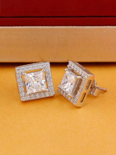 Silgo 925 Sterling Silver White Cubic Zirconia Rhodium Plated Women Stud Earring