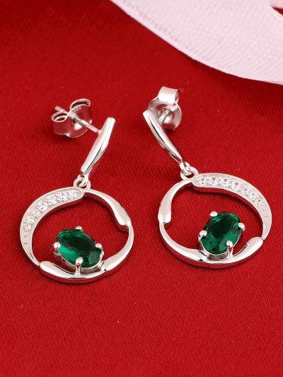 Silgo 925 Sterling Silver Green Cubic Zirconia Rhodium Plated Women Dangle Earrings