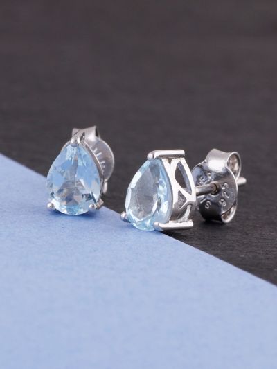925 Sterling Silver Rhodium Plated Pear Shape Blue Topaz Stud Earrings With Pushback