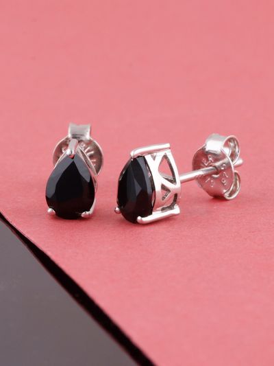 925 Sterling Silver Rhodium Plated Pear Shape Black Onyx Stud Earrings With Pushback