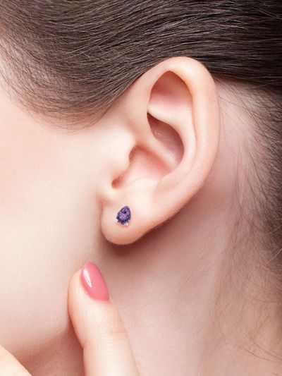 925 Sterling Silver Rhodium Plated Pear Shape  Amethyst  Stud Earrings With Pushback