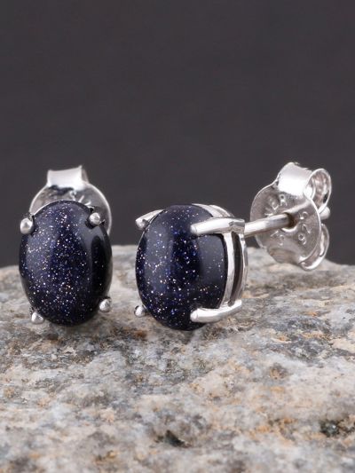 925 sterling silver white rhodium plated designer studs blue sunstone oval